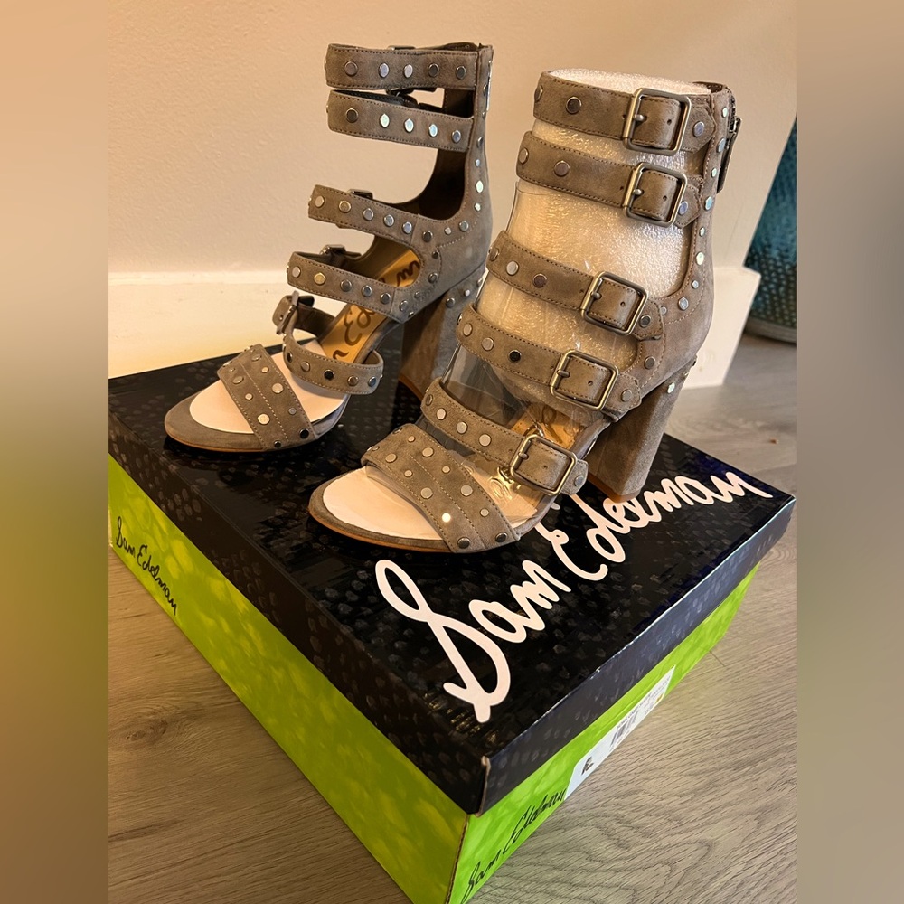 Sam Edelman Grey Suede York Open Toe Strappy Heel with mini metal buckles.